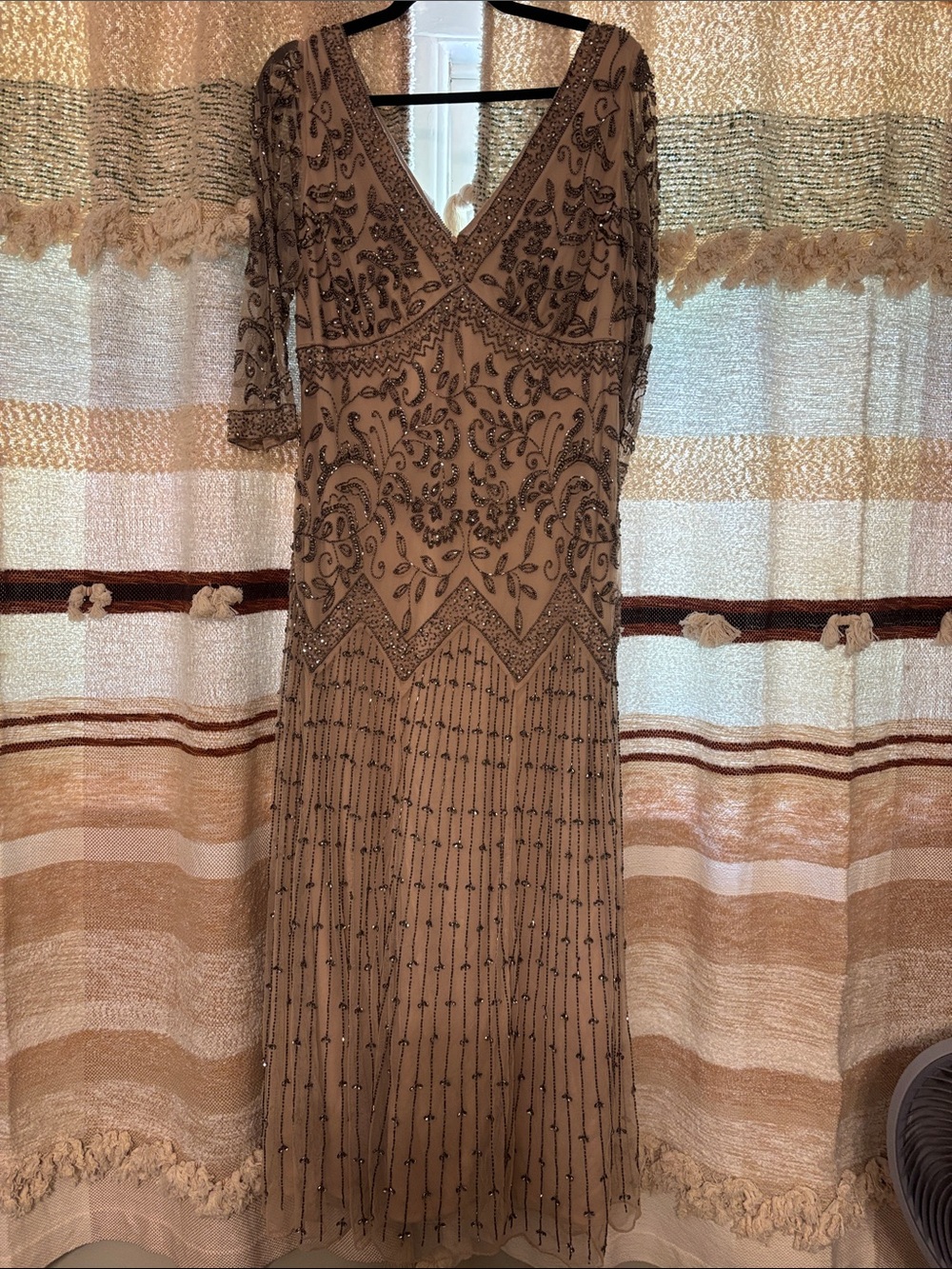 Pisarro Nights Taupe Beaded Maxi Dress with V-Neck